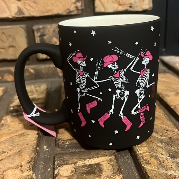 3/$25 Sunday Morning Ceramic “Lets Go Ghouls” Black & Pink Cowgirl Skeletons Mug - Picture 6 of 6
